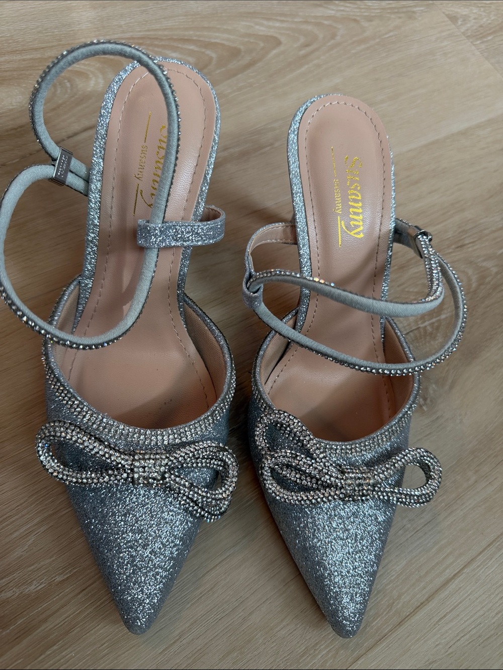 Silver Glitter Pointed Slingback Heels with Crystal Bow by